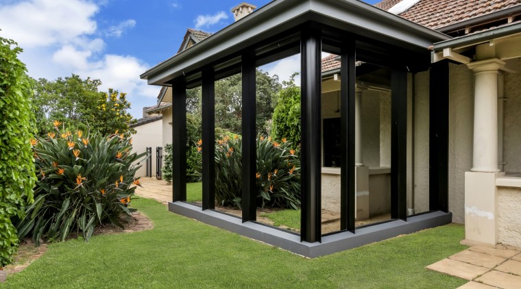 The 'external' bathroom has a tiled roof, marrying 