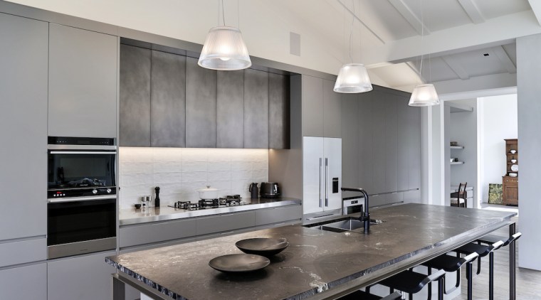 From the outset, designer Shane George was respectful ceiling, countertop, cuisine classique, floor, flooring, interior design, kitchen, laminate flooring, table, wood flooring, gray