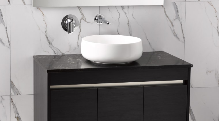 Athena Sirocco Alumino 900mm Vanilla Noir Bench Top angle, bathroom, bathroom accessory, bathroom cabinet, bathroom sink, black, ceramic, chest of drawers, drawer, floor, furniture, plumbing fixture, product, sink, tap, wall, gray