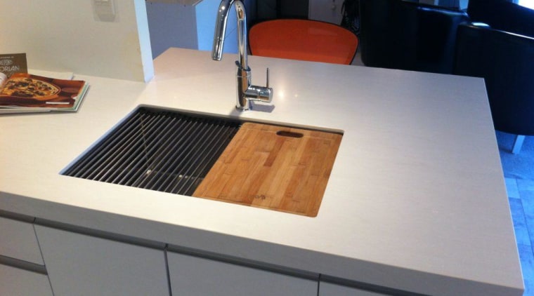 Opting for a sink that supports a chopping countertop, furniture, kitchen, table, gray