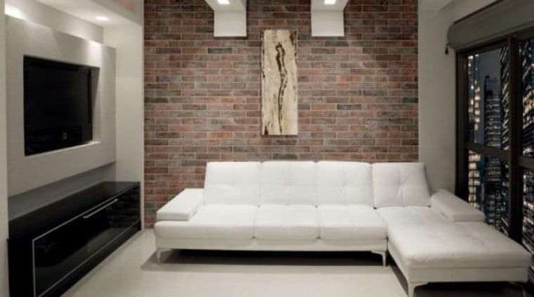 Brick One porcelain stoneware is an incredibly convincing ceiling, couch, floor, flooring, furniture, interior design, living room, property, room, wall, gray