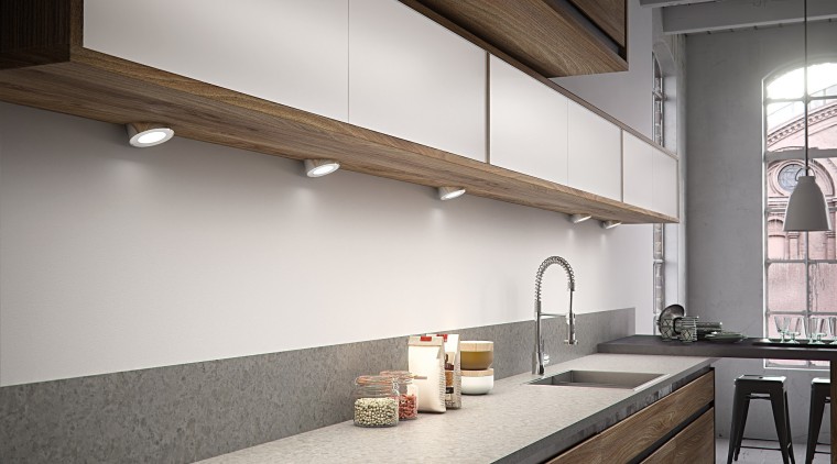 This sleek, modern kitchen uses Atom Spotlights architecture, ceiling, countertop, daylighting, interior design, kitchen, white, gray