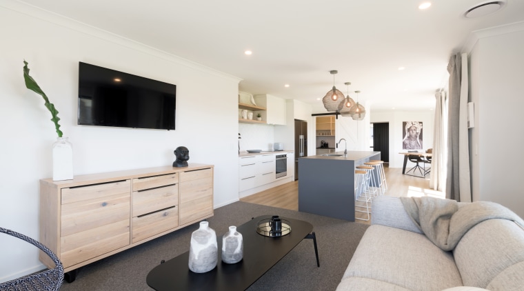 Let it flow – living, dining, kitchen and apartment, building, ceiling, floor, furniture, home, house, interior design, living room, property, real estate, room, table, white