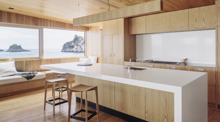 On arrival, visitors are led upwards from ground architecture, countertop, floor, flooring, furniture, hardwood, house, interior design, kitchen, real estate, table, wood, wood flooring, gray, brown