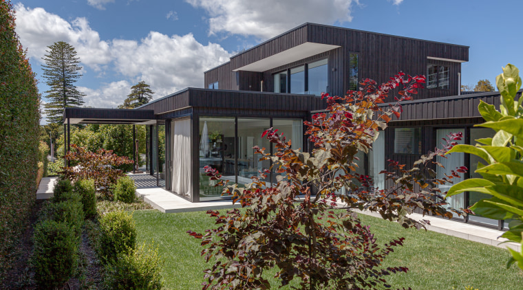 The rear of the contemporary home faces to 