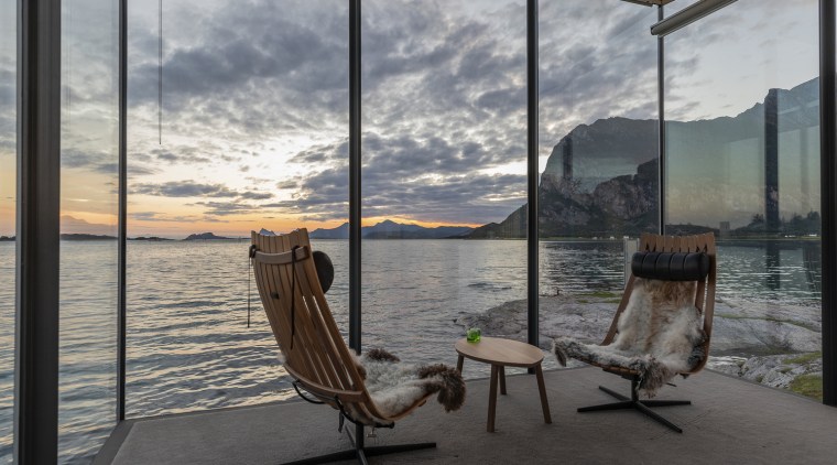 This shelter design for an extension to a chair, floor, furniture, interior design, nature, room, sky, window, gray, black