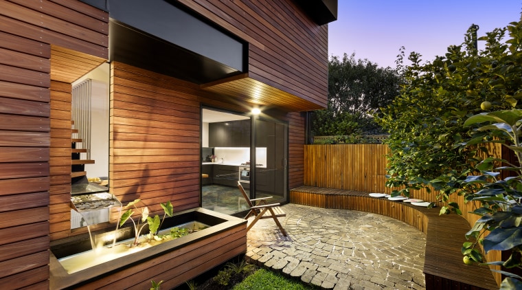 The challenge was fitting a two bedroom, two architecture, backyard, courtyard, deck, estate, facade, home, house, interior design, outdoor structure, property, real estate, residential area, roof, siding, wood, yard, brown