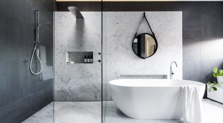 See more of this bathroom hereDesigned by bathroom, bidet, ceramic, floor, interior design, plumbing fixture, room, tap, tile, white, gray