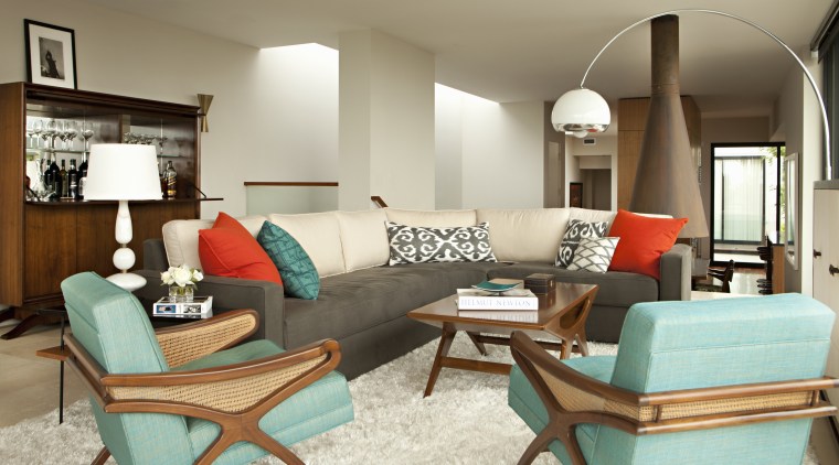 The living area replete with '50s styled elements. 