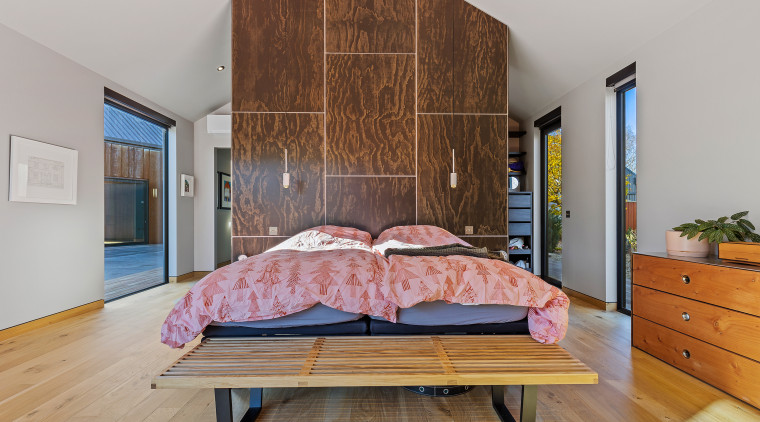 The dramatic headboard in the master bedroom. 