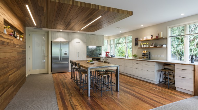 This major renovation places a strong emphasis on floor, flooring, hardwood, home, interior design, kitchen, wood, wood flooring, Higham Architecture, Hardie & Thomson