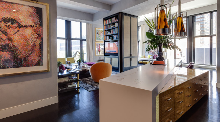 At over 5m long, this angled kitchen island countertop, furniture, interior design, room, gray