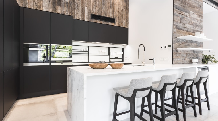 Antique wood panelling used in the living area countertop, cuisine classique, furniture, interior design, kitchen, white, black