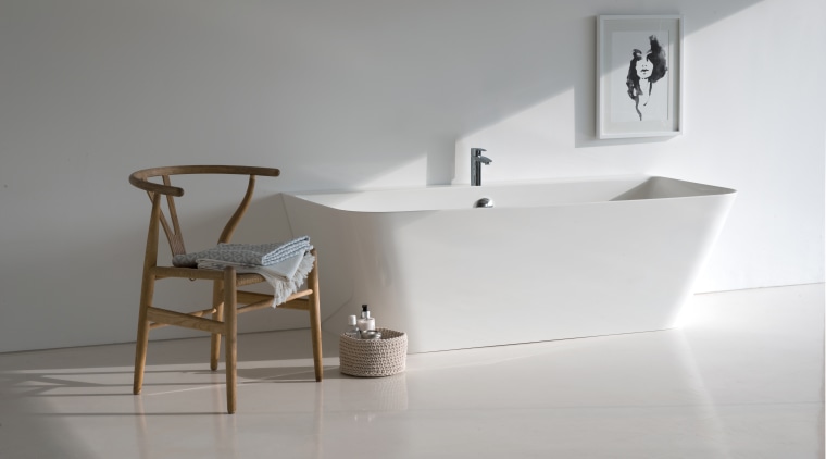 Want a freestanding tub but lack the space? angle, bathroom, bathroom sink, ceramic, floor, furniture, interior design, plumbing fixture, shelf, sink, tap, gray