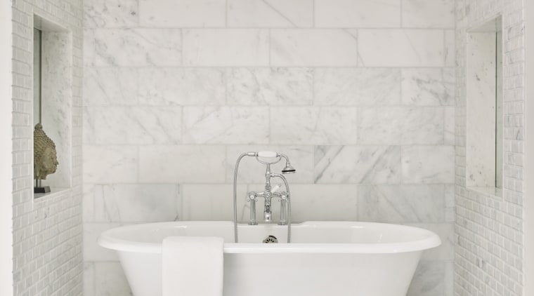 ​​​​​​​A freestanding bath tub with chunky chrome fittings bathroom, ceramic, floor, flooring, plumbing fixture, tap, tile, wall, white, Freestanding bath, Mark Williams Design