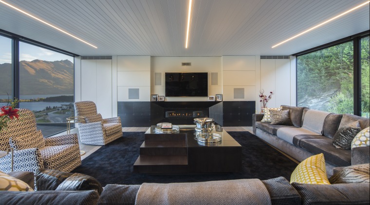 Ceiling strip lights are used in several areas architecture, ceiling, home, house, interior design, living room, Gary Todd Architecture, pendant lights