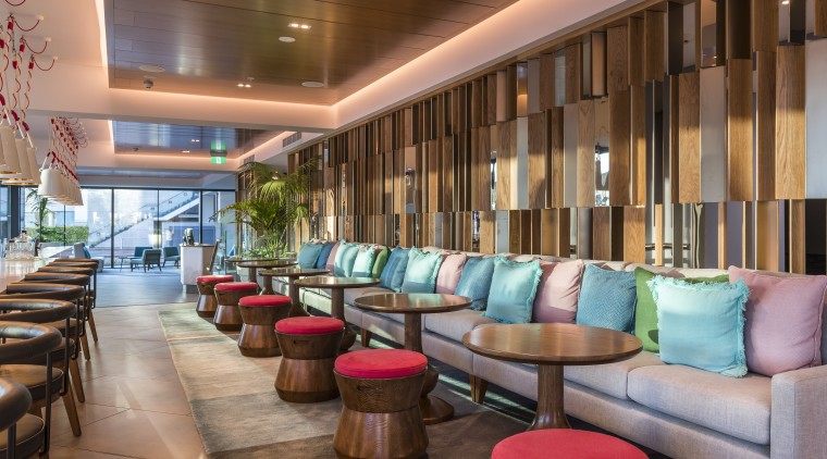 Designer Greg Farrell drew on his background of interior design, lobby, M Social, Hotel, furniture