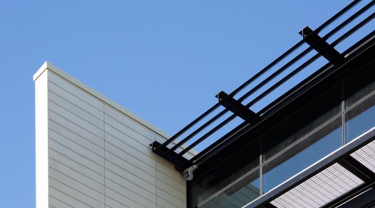 Lovretec Maxi Louvre Blades on the Centennial Building architecture, building, daylighting, facade, line, roof, sky, window, teal