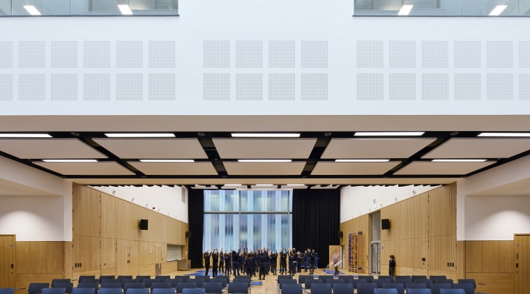 A retractable partition separating the two dynamic hall architecture, auditorium, ceiling, classroom, conference hall, daylighting, function hall, interior design, leisure centre, line, structure, white