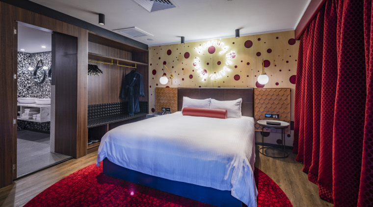 The Dottie suite, one of two designer-inspired suites bedroom, ceiling, home, hotel, interior design, property, real estate, room, suite, wall, gray