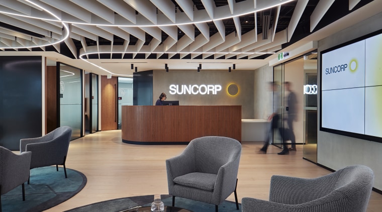 Interior designers Unispace worked closely with Suncorp to conference hall, interior design, lobby, office, gray, black