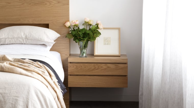 ​​​​​​​Cantilevering the side tables in the master bedroom architecture, bed, bed frame, bed sheet, bedding, bedroom, chest of drawers, comfort, drawer, duvet, floor, flooring, furniture, hardwood, home, house, interior design, mattress, nightstand, property, room, table, textile, wall, wood, white