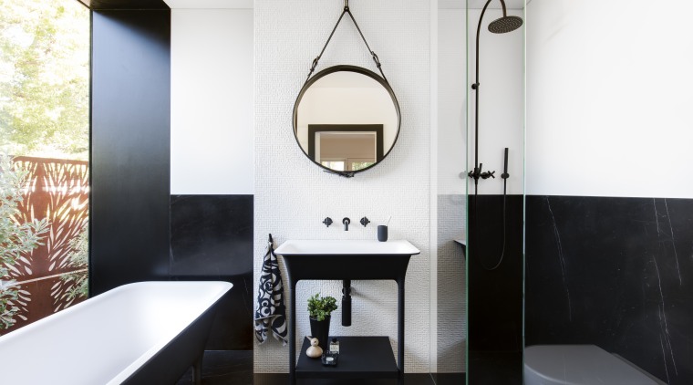 Nz3501Cmmiinosadarrengenner–301106138 01 Hero - architecture | bathroom | architecture, bathroom, black, building, ceiling, floor, flooring, furniture, home, house, interior design, plumbing fixture, property, real estate, room, sink, tap, tile, wall, white, black