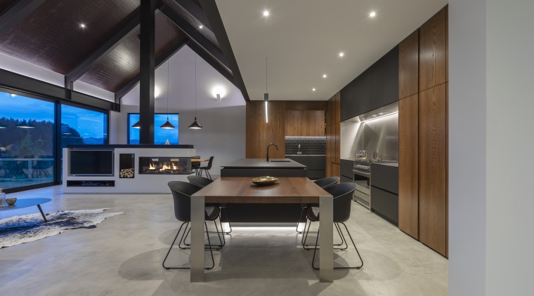 While this kitchen needed to tie in with architecture, design, semi indsutrial, cabinetry, kitchen, dining room, floor, flooring, furniture, home, house, interior design, lighting, living room, table, Cube Dentro