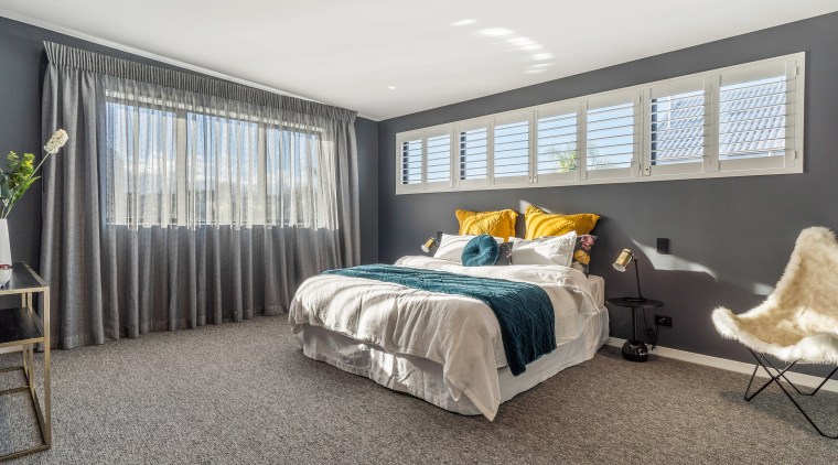 ​​​​​​​The designers wanted to add colour to this bedroom, carpet, furniture, home, house, interior design, bedroom, suite, window treatment, yellowfox, resene paints