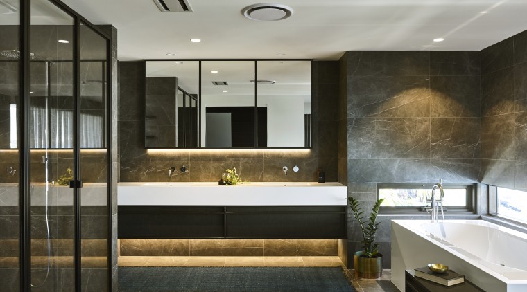 ​​​​​​​Marble look Spanish tiles, dark joinery, and black architecture, bathroom, building, ceiling, design, floor, flooring, furniture, home, house, interior design, lighting, material property, property, real estate, room, tile, wall, gray, black