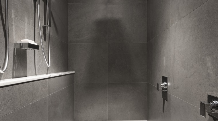 ​​​​​​​While this shower area is in predominantly grey gray, black