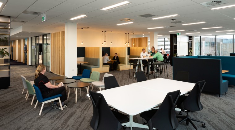 The Westpac head office in Christchurch has a architecture, building, cafeteria, ceiling, flooring, furniture, interior design, office, restaurant, room, table, gray, black
