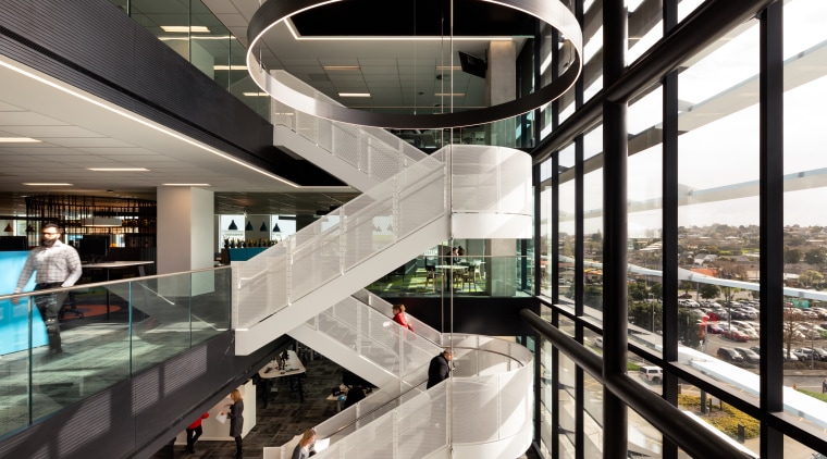 The base-build stairs at Architectus-designed No.1 Sylvia Park architecture, building, design, glass, handrail, mixed-use, stairs, Unispace, base-build stairs, Architectus, No 1 Sylvia Park, Unispace, IAG