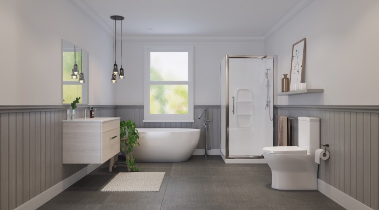 Bathroom by LeVivi - architecture | bathroom | architecture, bathroom, daylighting, floor, flooring, home, interior design, plumbing fixture, real estate, room, sink, tile, gray