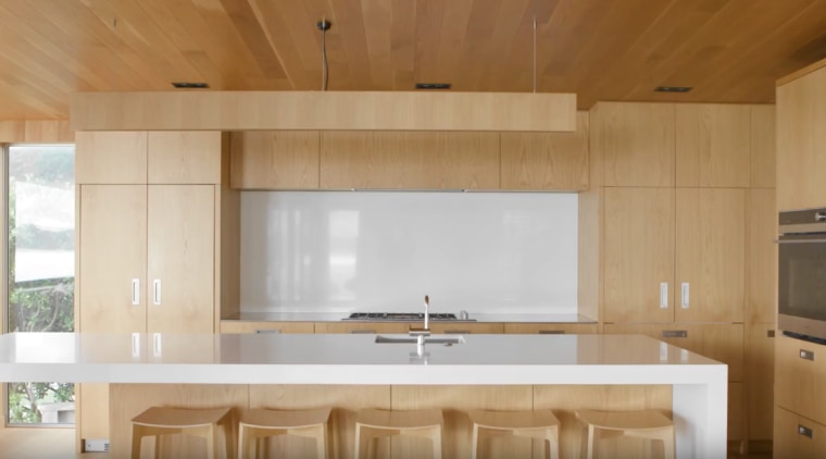 Hahei House: A Fisher & Paykel Case Study architecture, building, ceiling, floor, flooring, furniture, home, house, interior design, light fixture, lighting, property, room, sink, tile, wall, wood, brown, white, orange