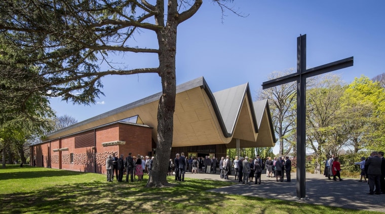 'St Andrew’s College Centennial Chapel, Christchurch' by 'Architectus' architecture, building, chapel, church, house, place of worship, plant, sky, tree, brown, teal