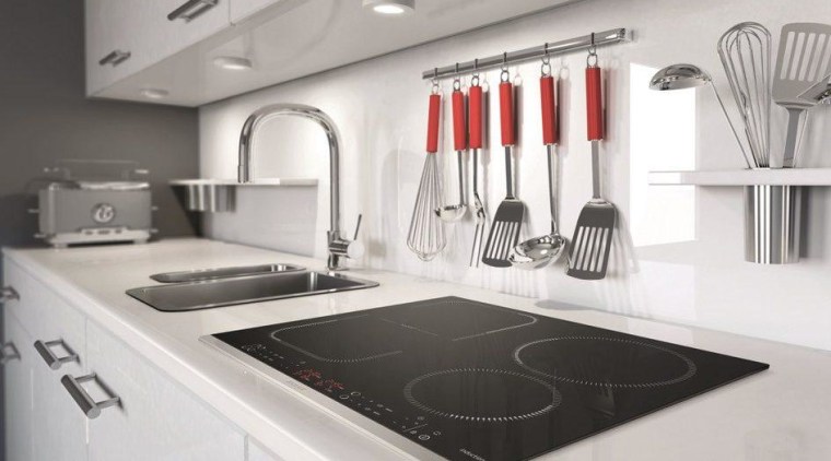 Low profile induction cooktops – such as Brandt architecture, building, cabinetry, ceiling, countertop, floor, flooring, furniture, house, interior design, kitchen, major appliance, material property, property, room, sink, tile, white, gray