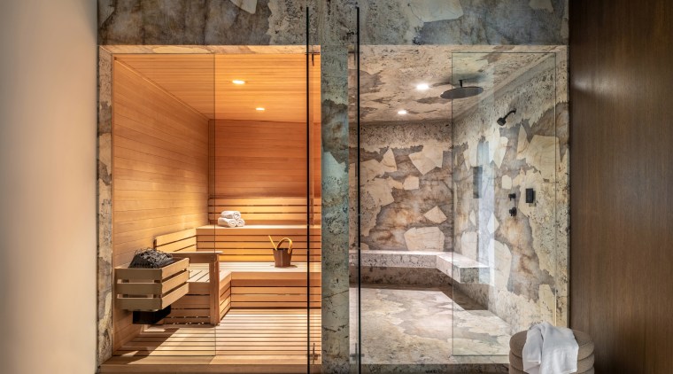 Shower and sauna employing earthy materials – stone 