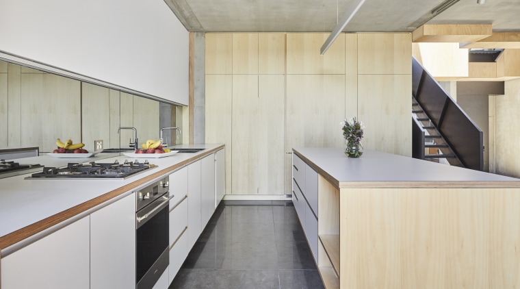 ​​​​​​​This kitchen’s lighting is all LED with a architecture, building, cabinetry, ceiling, countertop, floor, flooring, furniture, home, house, interior design, kitchen, loft, material property, plywood, property, real estate, room, wood, yellow, gray