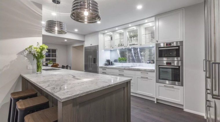 Glacier granite benchtop. Kitchen design by Kira Gray, cabinetry, countertop, cuisine classique, home appliance, interior design, kitchen, real estate, gray