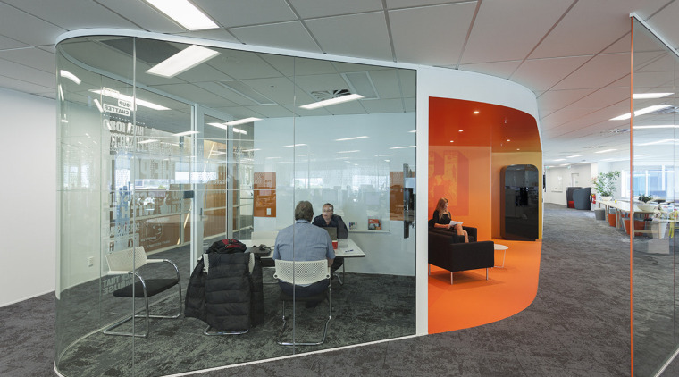 Hard to miss in the new Z Energy architecture, ceiling, glass, institution, interior design, office, gray