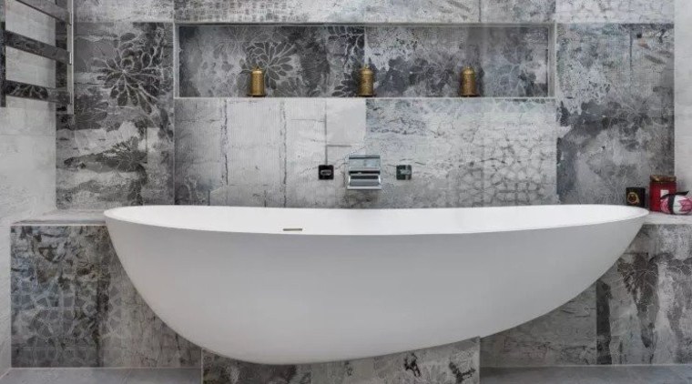 A combined shower and tub area saves space bathtub, floor, plumbing fixture, tap, tile, gray