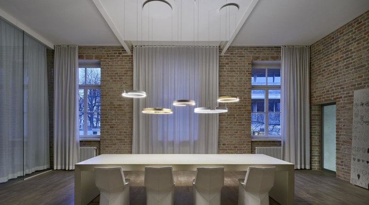 In the dining area you want it to architecture, ceiling, daylighting, estate, furniture, interior design, room, table, gray