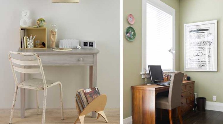 Left: Resene Rice Cake in study and chair, chest of drawers, desk, floor, flooring, furniture, home, interior design, product, room, shelf, shelving, table, gray