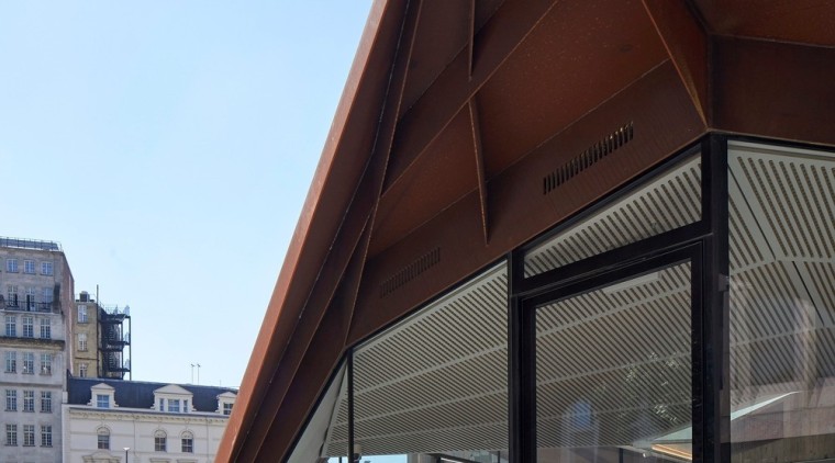 Glazed entrances face the main pedestrian routes into architecture, building, corporate headquarters, facade, house, structure, teal
