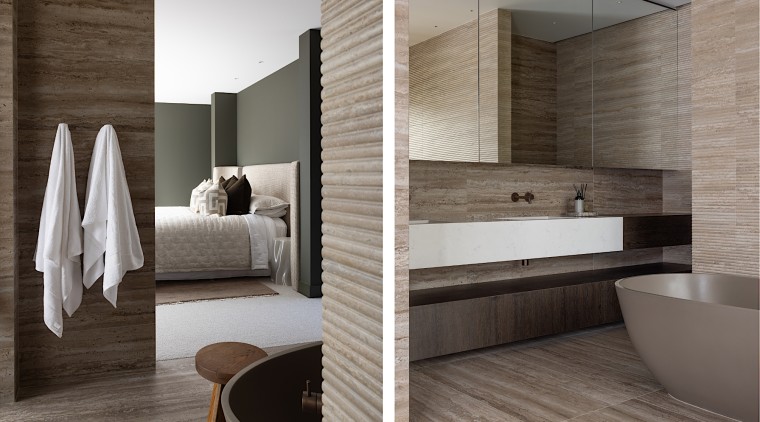 This bathroom was designed as a richly layered 