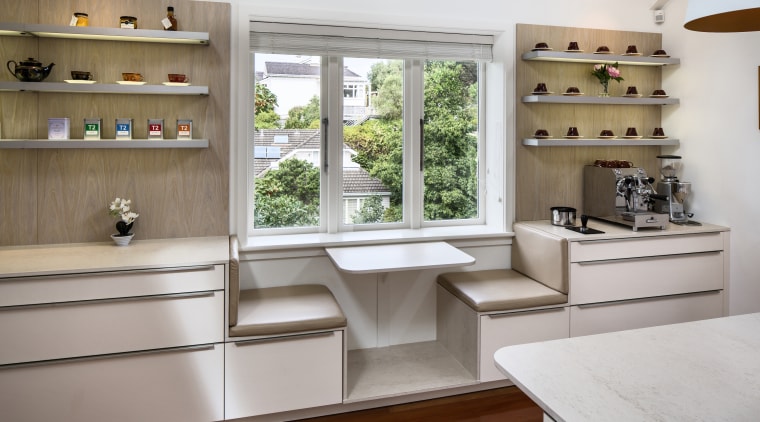 Kitchen design by Damian Hannah, German Kitchens cabinetry, countertop, furniture, interior design, kitchen, shelf, shelving, gray