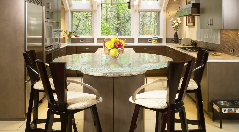 View of kitchen, glass; granite and stone countertops, chair, countertop, dining room, flooring, furniture, interior design, kitchen, room, table, yellow, brown, orange