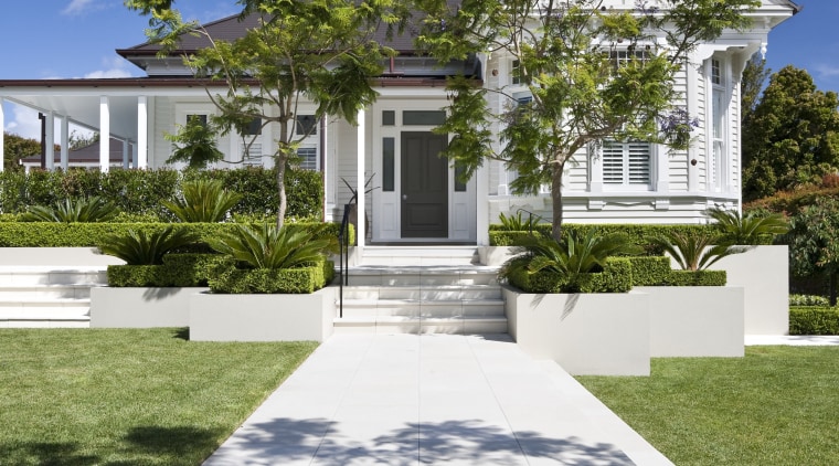 View of pool and garden designed by Humphreys architecture, daytime, estate, facade, home, house, mansion, property, real estate, residential area, sky, tree, villa, walkway, blue
