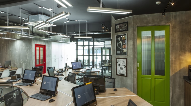 A green door creates a pop of colour interior design, office, black, gray